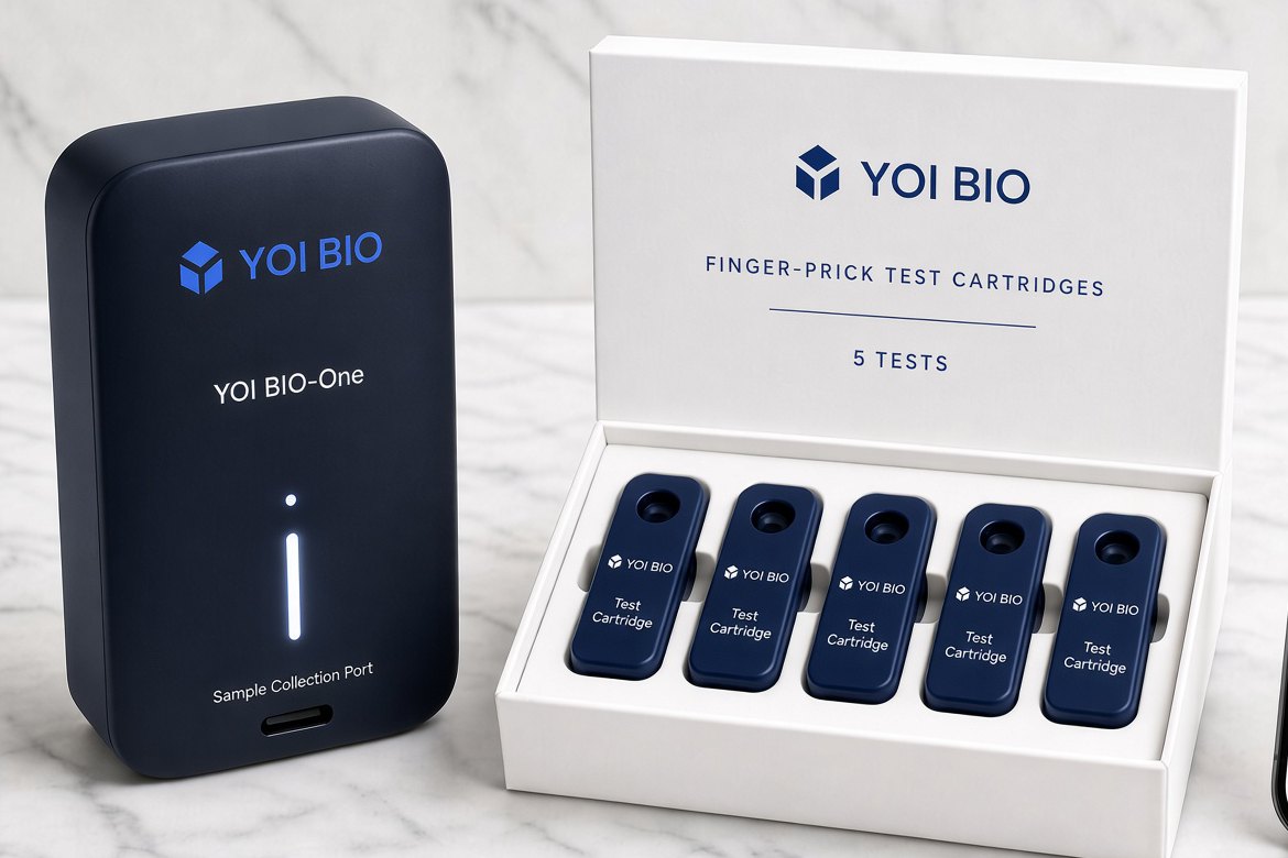 The YOI BIO-One reader beside an open box of five finger-prick test cartridges