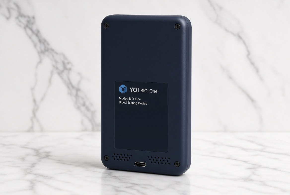 The back of the YOI BIO-One reader in matte navy, with its product label and USB-C port