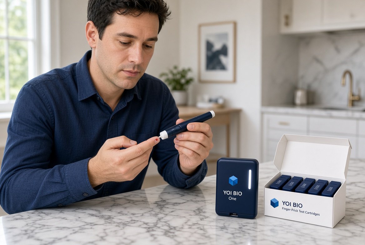 A man at a kitchen counter taking a finger-prick sample, with the YOI BIO-One reader and a box of test cartridges beside him